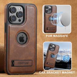 For iPhone 18 Pro 17 16 15 14 13 12 Pro Max Leather Case with Mag-safe Built-in Invisible Stand Protective Slim Kickstand Cover