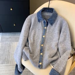 Chic Denim Collar Stitching Fake Two-piece Sweater Women's Cardigan New Single Breasted Knitted Jacket Coat Female Outwear