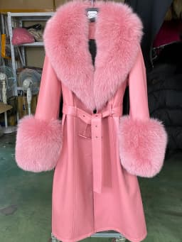 YOLOAgain Women's Detachable Fox Fur Collar Real Leather Jacket Long Navy Blue Jacket