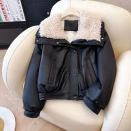 Lambskin Large Fur Collar Fake Lambskin Leather Jacket 2025 New Women Autumn Winter Jacket Coat Korean Loose Down Cotton Jacket