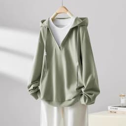 Women Spring Autumn Korean New Hooded Collar Pullover Fashion Design Fake 2-piece T-shirt Loose Large Versatile Long Sleeve Tops
