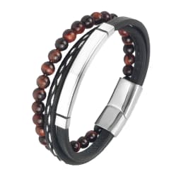 MingAo Charm Men Jewelry Natural Stone Multi-Layer Leather bracelet Black Stainless Steel Magnetic Clasp Tiger eye Bead Bracelet