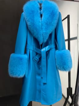 YOLOAgain Women's Detachable Fox Fur Collar Real Leather Jacket Long Navy Blue Jacket