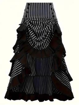 Gothic High Low Irregular Black Midi Long Skirt Bow Back White Striped Ruffles Adjustbale Steampunk Vintage Victorian Skirts Emo