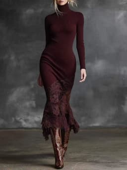Autumn Turtleneck Long Sleeve Mermaid Dress Women Elegant Lace Hem Bodycon Midi Dresses Party Evening Outfit 2027