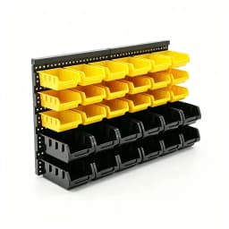 Wall Mounted Storage Bins Organizer Rack with 30 Dual Color Bins, Heavy Duty Plastic Hanging Parts Bin System, Garage Wall Hardware Holder for Screws Bolts Nuts Washers, Stackable Small Large Tool Containers for Workshop Shed DIY Craft Room