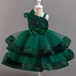 Girl's New Sequined Bow Irregular Collar Mesh Princess Dress Christmas Birthday Party Sweet and Cute Evening Dress