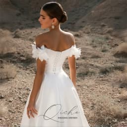 QICHE Modern Satin A-Line Wedding Dresses Women Flowers Off The Shoulder High Side Slit Open Back Vestidos De Noiva Customized