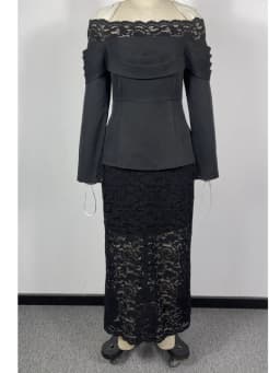 LGRQ 2026 Slash Collar Spring And Autumn Flare Sleeves Slim High Waist Women's Sexy Bodycon Off-Shoulder Lace Evening Dress