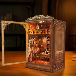 DIY Book Nook Shelf Insert Time Book House Bookend Wooden Miniature Model Kit with Lights Bookshelf for Friends Birthday Gifts