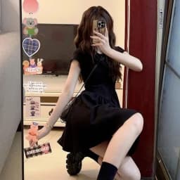 Petite Black Dress High-End Knit Spring Summer Cinched Waist A-Line Slimming O-Neck Short Sleeve Mini Stylish for Junior Ladies