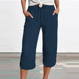 Women 3/4 Muslin Trouser Lightweight Linen Pants With Pockets Causal Loose Capri Trousers Elastic Comfortable Fabric Bottom