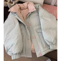 Chic Reversible Women Padded Jacket Contrast Plaid Coat Button Down Quilted Pink Buttons Winter Warm Preppy Retro Parkas