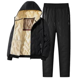 Quilted Thick Fleece Lined Men Winter Two Piece Suit Hooded Zip Outerwear And Jogger Pants With Functional Zipper Pockets