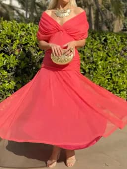 Elegant Off Shoulder Chiffon Maxi Dress Women's Solid V Neck Short Sleeve Floral Print Mesh Slim Wedding Guest Party Long Dress