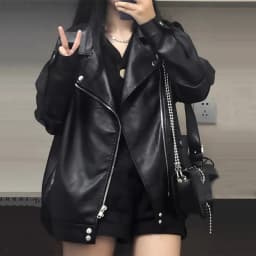 Black PU Leather Jacket Women's Loose Cotton Inserted American Style Retro Coat Street Style Long Sleeve V-Neck Regular Length
