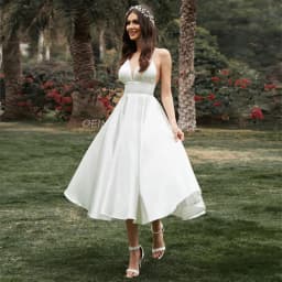 Customized Short Wedding Dress Spaghetti Straps V Neck Sexy Wedding Gowns Satin A Line Tea Length Simple Bridal Dresses Midi