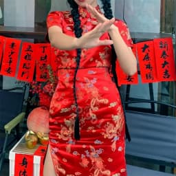Oversize 4XL 5XL 6XL Qipao Red Dragon Mini Cheongsam Women Satin Vestidos Chinese Style Dresses Vintage Mandarin Collar Qipao