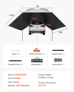 SucceBuy Vehicle Awning  Retractable Car Side Awning Car Awning with Waterproof Storage Bag  Suitable for Truck SUV Van Campers