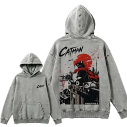 T497 Bai Men's Catman Red Moon Cat Graphic Hoodie, Japanese Streetwear Pullover Sweatshirt, Oversized Casual Urban Fashion