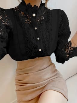 Plus Size Spring Women's Elegant Lantern Sleeve Solid Color Pleated Shirt