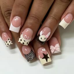 24pcs Stripes Polka Dot Colorful French Style False Nails Silver Metal Bowknot Stars Decor Press On Nails Y2k Square Fake Nail