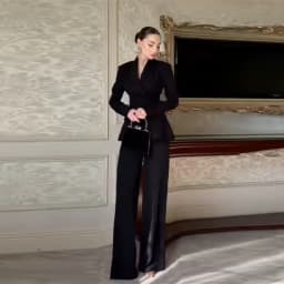 Chic 3d Bead Black Suit Pant Set Long Sleeved V-neck Waist Lace Up Suit Jacket Cozy Versatile Pant 2026 Commuting Woman Clothing