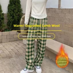 plus Size Plaid Pants Women's High Waist Straight Leg Fce Lined Casual Home Wear Polyester Fiber Elastic Band China Made