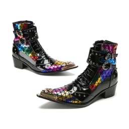 British Punk Style Men Short Ankle Boots High Heels Rivets Pointed Toe Dress Shoes Shiny Leather Mixed Color Zapatos Para Hombre