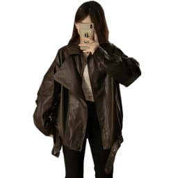 Faux Pu Leather Coats Women Solid Jackets Belt Zipper Turn Down Collar Long Sleeves Loose Casual Streetwear 2025 Spring Autumn