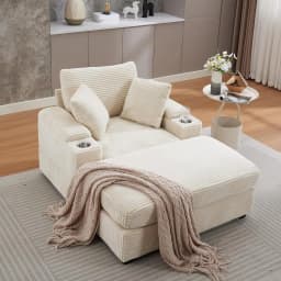 86.61'' Oversized Double Chaise Lounge with Ottomans, Comfy Corduroy Indoor Lounge Chair with Armrest Storage, Cup Holder, USB P