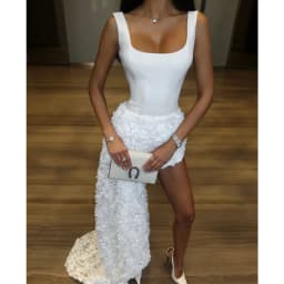 Rebecca Customized Asymmetrical High-low Prom Dress Square Collar vestidos de noche Satin base Floral Applique fabric Formal