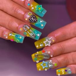 24pcs Y2K Sweet Stars Press On Nails Blue Brown Stripes French Style False Nails Wave Point Designs Autumn Vintage Fake Nail