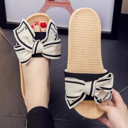Mntrerm Large Bow Home Slippers Indoor Non-Slip Home Slippers Soft Bottom Viscose Linen Sandals And Slippers