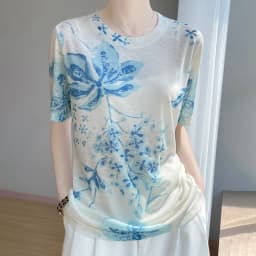 Summer New Women's Round Neck Printed Knitted Short-Sleeved Thin T-shirt Loose Bottoming Shirt