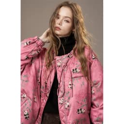 ELFSACK Women's Pink Panda Puffer Jacket with Drawstring, Warm Quilted Winter Coat, Cute Floral Print, Casual Street Style