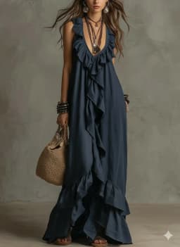 Loose Casual Dress Spring Summer Solid Color Elegant Fashion Bohemian Style Ruffled Loose Waist Sleeveless V-Neck Long Dresses