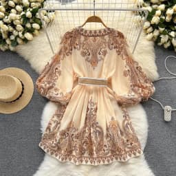Vintage Print Elegant V-neck Lantern Long Sleeve Dress A-line Casual Women Fashion Autumn Spring Vestidos