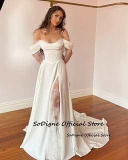 SoDigne A-line Off Shoulder Wedding Dresses Satin/Lace Long Sleeves Bride Dress Split Wedding Gown Vestidos De Novia Customized