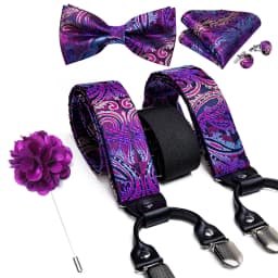 Luxury White Men's Suspenders Adjustable 6 Clips Braces DiBanGu Leather Metal Pre-Tied Bow Tie Brooch Pocket Square Set