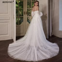 BEPEITHY Customized Strapless A Line Off Shoulder Long Sleeves Bride Ivory Wedding Dresses Glitter Court Train Bridal Gown 2025
