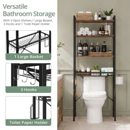 JHK 4-Tier Freestanding Bathroom Organizer Shelf Over Toilets with Adjustable Storage Rack Shelf and Basket Space Saver Above Toilet Storage Cabinet with 3 Hooks for Rooms