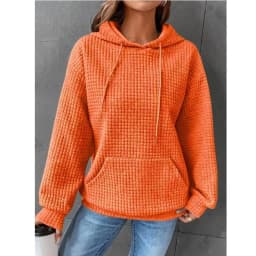 Women's Thick Waffle Knit Crew Neck Sweatshirt with Pocket – Solid Color Hip Length Winter Hoodie for Women's Winter Clothing