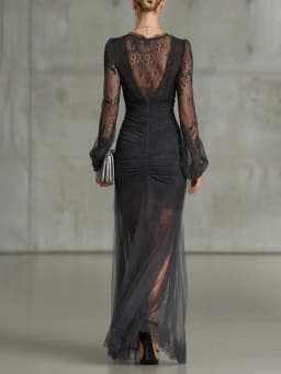 Black Lace Evening Dress V Neck Full Sleeves A Line Mermaid Prom Formal Occasion Dress Elegant Party Dresses Gowns