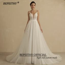BEPEITHY Customized V Neck Spaghetti Straps A Line Lace Wedding Dresses For Women 2026 Shinny Sleeveless Boho Bridal Party Gown