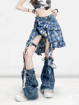 REDDACHiC Asymmetrical Denim Shorts Star Plaid Coverups Leg Warmers Women Set Trendy New Low Rise Pants Summer Retro Y2k Clothes