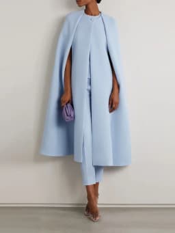 Freeacy Women's Autumn Elegant Clothes Round Neck Long Cape Outerwear & High Waist Pants Solid Color Party Wear Two-piece Sets
