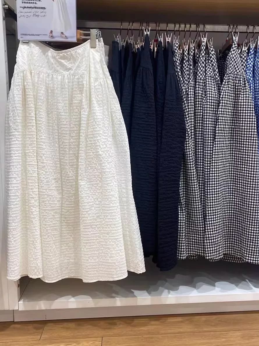 Summer Style A-Line Skirt Bubble Fabric Plaid Long Skirt High Waist Commute Friendly Mid-Length Color Other Material