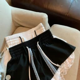 Women's Patchwork Fake Two-piece Lace Shorts High Elastic Waist Drawstring A-shaped Casual Shorts Pants