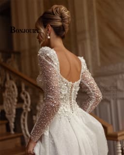 BONJOURY Glamorous A-line Wedding Dresses with Long Sleeves Sweetheart Flower Appliques Sweep Train Vestidos De Noiva Customized